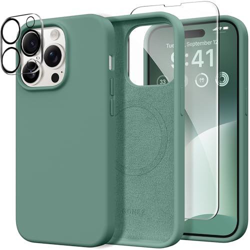 GONEZ Magnetic for iPhone 14 Pro Max Case [3 in 1], Compatible with Magsafe, with 1X Screen Protector + 1X Camera Lens Protector, Liquid Silicone Shockproof 14 Pro Max Case, Midnight Green