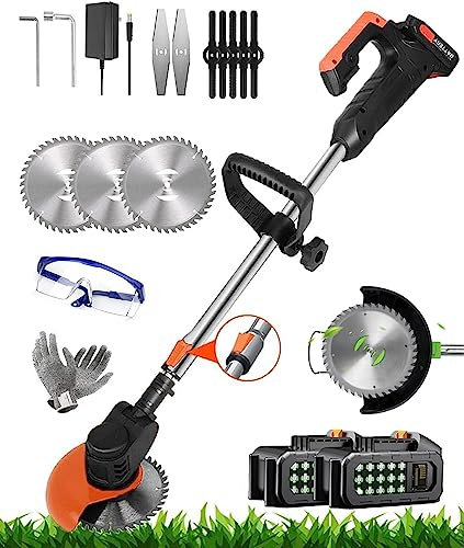 LLCDZR Cordless Grass Trimmer Electric Brush Cutter With 2 Batteries (36V/6Ah) & Charger Adjustable Telescopic Rod Additional Handle Rotatable & Tiltable Motor Head