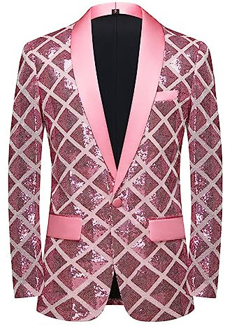 CARFFIV Costume de bal à paillettes brillantes pour homme avec un bouton et un blazer, smoking pour mariage, banquet, rose, Taille L