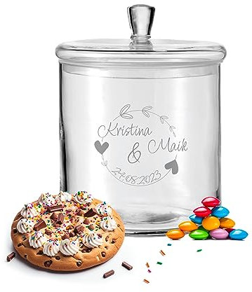 LALALO Leonardo Keksdose mit Gravur als Hochzeit Geschenk, Keksglas/Bonbonglas personalisiert als Hochzeitsgeschenk, Vorratsdose für Paare zum Hochzeitstag als Geldgeschenk (Kreisromantik)