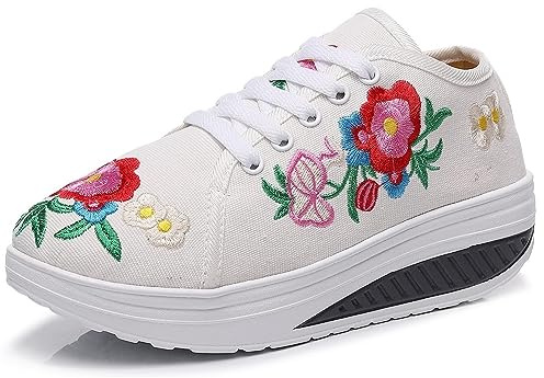 Womens Embroidery Low Top Canvas Sneakers Fashion Chinese Traditional Low Cut Lightweight Orthotic Walking Shoes Comfortable Breathable Running Dress Shoes (Color : Beige, Size : 9 us)