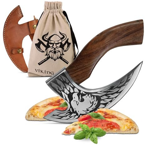 VIKING CRAFT - Pizza Axt Wikinger inkl. Lederschutz - Pizzamesser für echte Wikinger - Pizzaschneider Axt perfekt geeignet als Wikinger Deko - Wikinger Axt, Pizza Wiegemesser, Wikinger Messer, Beil