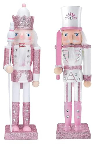 2 P Christmas Wooden Nutcracker Soldiers,30cm Pink Nutcracker King Ornaments,Premium Pine Wood Nutcracker Christmas Decor for Home Fireplace Xmas Figures Puppet Soldiers Gifts Toy Spear & Sword