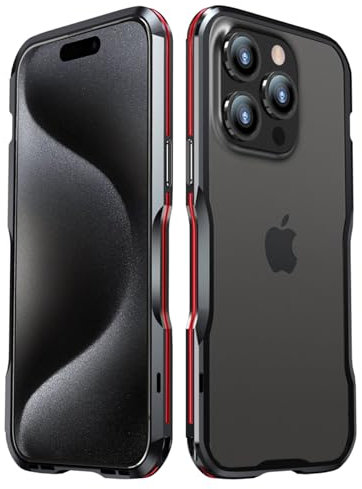 qichenlu Robust Metal Bumper Case Black and Red Shockproof Case Compatible with iPhone 15 Pro, Lightweight Aluminium Frame Compatible with iPhone 15 Pro, with Camera Protection Lenses Glass Aluminium