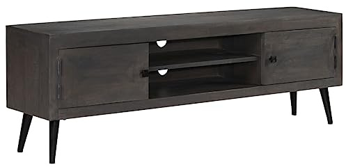 Mobile Porta TV in Legno Massello di Mango 140x30x45 cm Credenza con Ante e Ripiani per Soggiorno, Mobiletto TV a Terra con Gambe in Acciaio, Arredamento Salotto in Stile Vintage Industriale