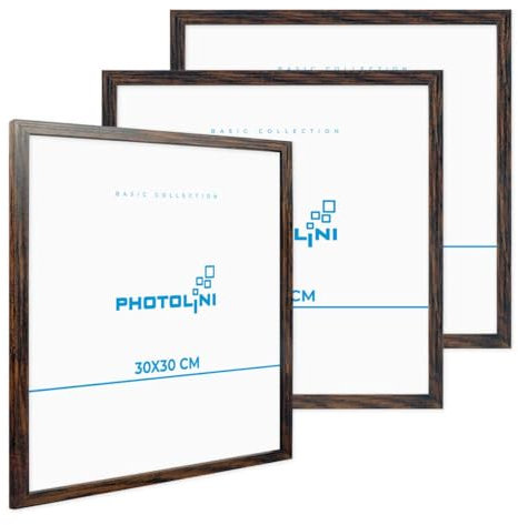 PHOTOLINI Bilderrahmen 30x30 Eiche Dunkel aus MDF-Holz, 3er Set Poster-Bilderrahmen quadratisch 30x30, bruchsicheres Acrylglas, zum Aufhängen, extra Zubehör - für Fotos & Poster