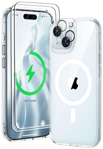 ORETECH Magnetic Case for iPhone 15 Case with 2 HD Screen Protector 1 Camera Protector, Fit for Mag Safe, Anti Yellowing Military Grade Shockproof Ultra Slim Phone Case Cover - Clear