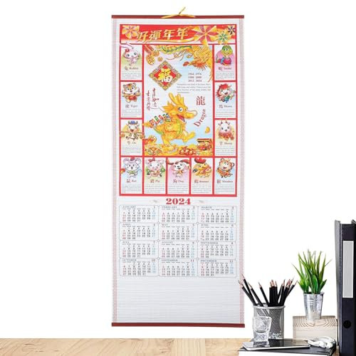 Foway Chinesischer Kalender 2024 | Chinesischer Wandkalender für das Jahr des Drachen - Sternzeichen Drache Chinesischer Kalender Fengshui-Kalender für Neujahr, viel Glück und Frühling