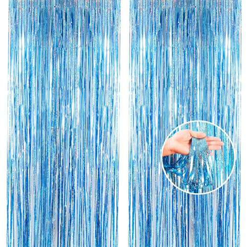 2pcs 3.2 x 8.3ft Glitter Baby Blue Tinsel Foil Fringe Curtain Door Tinsel Curtain Streamers Party Curtain Photo Banner Decorations for Birthday School Graduation Hen Party Xmas Decorations Baby Blue