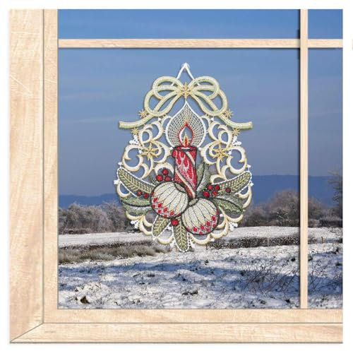 atelier alles-Spitze Kleines Luftspitze-Fensterbild Kerze mit Kugeln | Hochwertige wiederverwendbare Weihnachtsdeko aus Vogtländischer farbiger Luft-Spitze | BxH: 16 x 21 cm