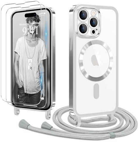 Ethanger Handyband für iPhone 15 Pro Max Hülle mit Band + 2 Stück Glas Schutzfolie Transparent Silikon Handyhülle Magnetische Schutzhülle für iPhone 15 Pro Max Silber