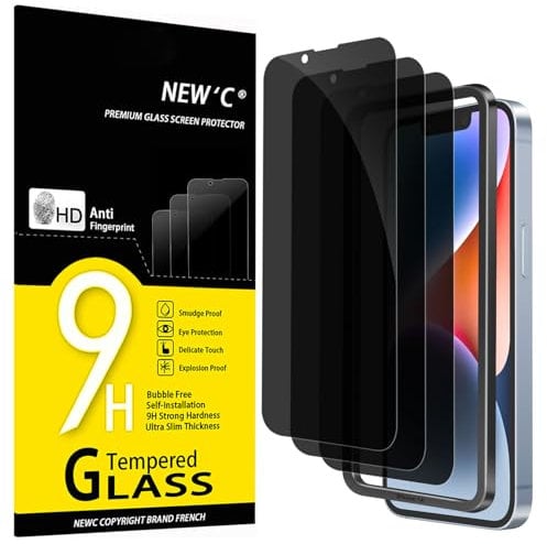 NEW'C 3 Piezas, Protector pantalla privacidad para iPhone 14,iPhone 13,iPhone 13 Pro (6,1),Cristal Vidrio Templado Antiespia con herramienta de instalación fácil-Ángulo de Privacidad 28 Grados