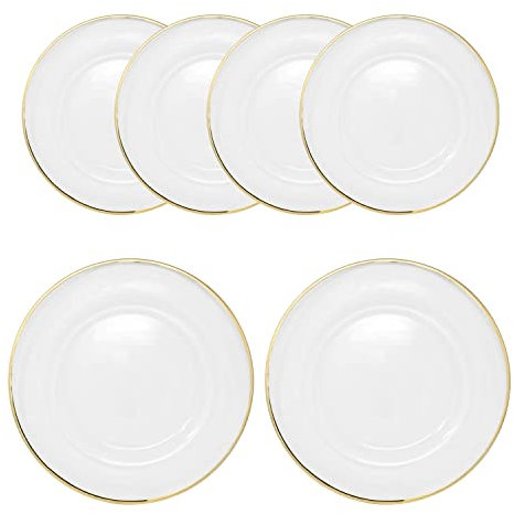 WedDecor 33cm Clear Charger Plates with Gold Trim Design, Acrylic Round Dinnerware for Centerpiece Presentation, Set of 6 Dinner Plate for Weddings, Events, Banquets & Christmas Table Decorations