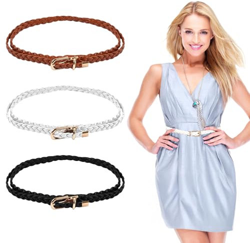 Hopton 3 Stück Damen Gürtel, Geflochteter Stretchgürtel, Elastischer Schmaler Gürtel, Waist Belt mit Goldschnalle, für Kleid, Jeans, Hosen (Schwarz, Weiß, Kamel)