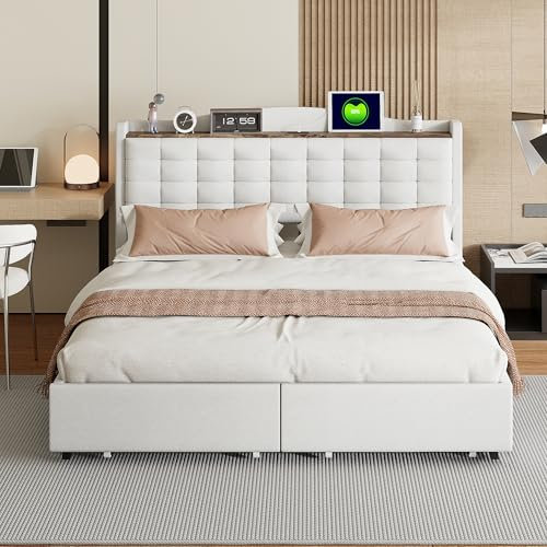 Moimhear Polsterbett 160x200 cm, Nachttisch mit USB-Ladeanschluss und Ablage, Doppelflachbett mit 4 Schubladen, Leinenstoff (cremefarben)