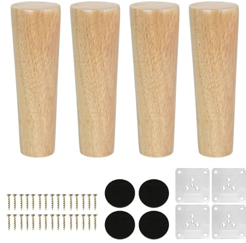 KINDPMA 4 Stück 15cm Möbelfüße Holz Möbelbeine Eiche Konisch Beine für Möbel Tischbeine Kegel Schrankfüße mit Montageplatte, Schrauben, Holzfüße für Couch Schrank Bett Tisch Kommode Couchtisch