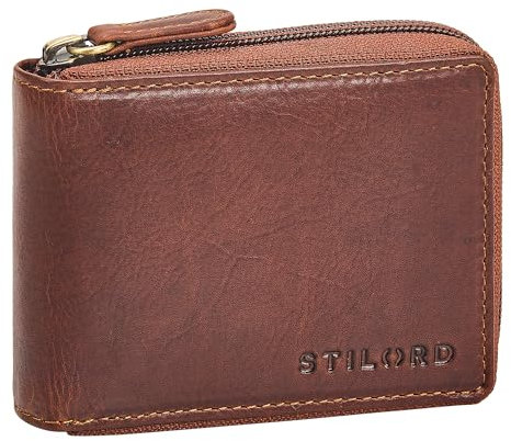 STILORD 'Ernie' Wiener Schachtel Geldbörse Leder Portemonnaie Damen Klein Echtleder Münzbörsen Portmonee Herren Brieftasche- Geldbeutel mit Reißverschluss Kleingeldbörse, Farbe:Kara - Cognac