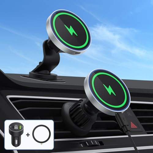 Porta Cellulare Auto Mag-safe, Caricabatterie Ricarica Wireless Magnetico Supporto per Smartphone, Air Vent/Dashboard Magnetic Caricatore Kit con Accendisigari Auto