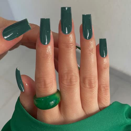 SXVME Dark Green Press on Nails Long Square, Forest Green False Nails Coffin, Glossy Sheer Color Full Cover Sheer Gel Stick on Nail for Women, 24 Pcs