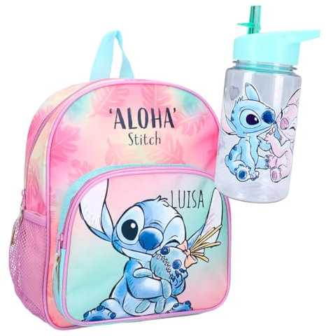 Zaino per l'asilo Disney Stitch con borraccia – Personalizzato con nome – Zaino per bambini con tasca anteriore 2 scomparti 29 x 23 x 8 cm, bottiglia da 450 ml, Set 1 Stitch arcobaleno, 23 x 29 x 8 cm