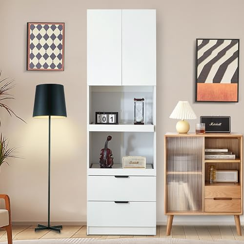 LARFOEK Küchenschrank, Hochschrank mit 2 Türen und 2 Schubladen, BuffetSchrank mit Kippschutz, Mikrowellenregale, Mehrzweckschrank für Küche Wohnzimmer Esszimmer, 59,5 x 45 x 200 cm, Weiß