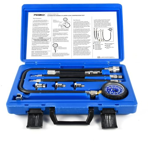 PESIKO Engine Compression Tester Kit | 0-300 psi/20.7 Bar | Cylinder Compression Gauge, Multi-Size Spark Plug Adapters for Gasoline Engines