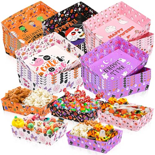 TaoBary 25 Pcs Halloween Paper Serving Bowls Ghost Pumpkin Snack Candy Holder Tray Disposable Halloween Popcorn Bowls Nacho Trays Double Sided Food Container Party Decoration Supplies(Pink Style)