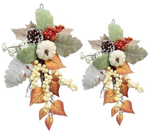 Xiyocadt Herbstkranz Haustür, 40 cm Herbstdeko Türkranz mit Kürbisen, Beeren und Tannenzapfen für Zuhause, Wand, Fenster (2 Stück)