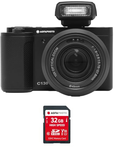 AgfaPhoto Realishot C130 Appareil Photo Numérique Compact avec Carte SD 32 Go – Capteur CMOS 16 MP, Zoom, Stabilisation, Autofocus, Écran LCD 2,8, Batterie Rechargeable – Noir