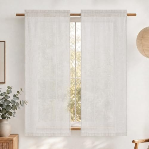 PONY DANCE Halbtransparente Bistrogardine Leinenvorhang Elfenbenweiß | Sichtschutz, scheibengardine, H 120 x B 60 cm, 2er Set, mit Stangendurchzug, Vorhänge Wohnzimmer, Küchenvorhänge, Boho