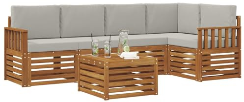 vidaXL Sofagarnituren 6 pcs Natürlich und Hellgrau Massivholz Akazie, Moderner Outdoor-Sofa, strapazierfähiges Möbel für Garten, Bequeme Lounge-Sitzgruppe für die Terrasse