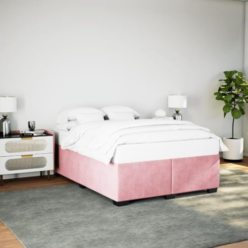 Cadre de Lit Rose 140x190 cm en Velours Doux, Sommier à Lattes Robuste, Pieds Stables en Bois Massif, Design Moderne pour Chambre