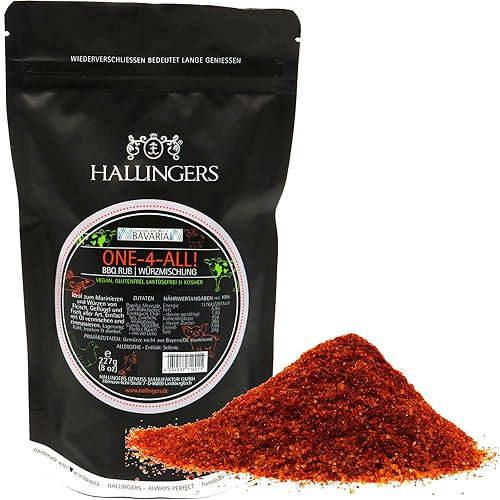 Hallingers One-4-All - Gewürz-Mischung BBQ-Rub Marinade für Fleisch, Geflügel & Fisch perfekt zum Würzen & Grillen (Bag) - Geschenk im Sommer & als perfektes Grillgeschenk | Geburtstag Glückwunsch Neu