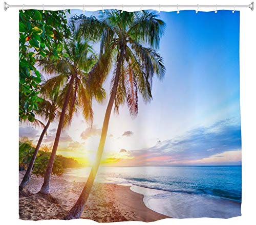 A.Monamour Duschvorhänge Karibik Tropischen Sand Strand Sonnenuntergang Palme Blauen Himmel Natur Landschaft Bild Druck Wasserdicht Mehltau Resistent Polyester Stoff Duschvorhang Für Badr 150X180 cm