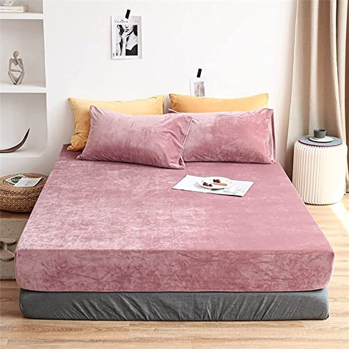 Damier Winter Spannbettlaken 180x200cm Rosa Altrosa Flanell Plüsch Spannbetttuch Flauschig und Warmes Bettlaken geeignet für Matratzen bis 30cm