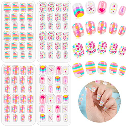 96 Pcs Kids False Nails, Kids Stick on Nails Children Press on Fake Nail Tip Cartoon Children Full Cover Short Fingernail Pre-glued Fake Nail Stickers for Girls