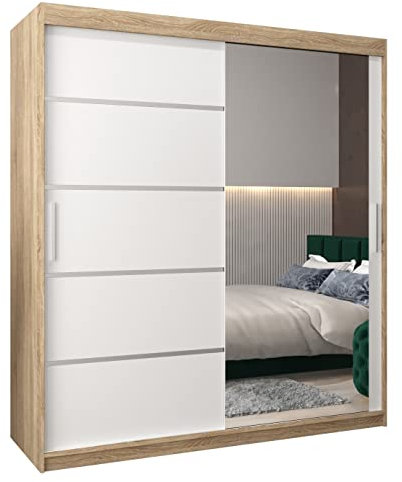 ABIKSMEBLE Verona 2 180 Armario 2 Puertas Correderas para Dormitorio - Armario Moderno con Espejo, Barra y Estantes - 180x200x62 cm (Ancho x Alto x Fondo) - Sonoma + Blanco Mate