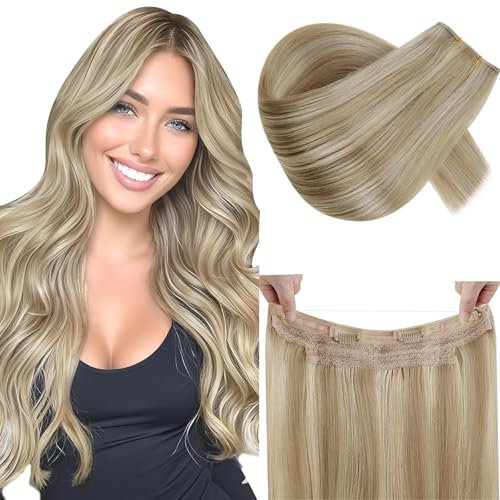 RUNATURE Human Hair Invisible Wire Hairpiece 14 Zoll Aschblond mit Hellblond Echthaartresse mit Secret Wire Extensions 70 Gramm Echtes Menschliches Haar