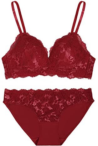 Necalisi BH und Slip Set Damen Rot BH Damen Spitze Bustier Damen Ohne Bügel mit Gepolstert Tiefem Ausschnitt Spitzen Triangel-BH Crop Dessous Bralette Top Push up BH extrem 75A
