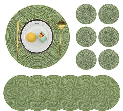 Pauwer Set di 6 tovagliette rotonde e sottobicchieri, antiscivolo, resistenti al calore, colore: verde