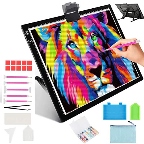 Wiederaufladbar A3 Leuchttisch mit Diamant-Malwerkzeug,6 Helligkeitseinstellungen,2500 mAh Aufladbar Leuchtplatte Zeichnen Light Pad für 5D Diamond Painting Zubehör, Malerei, Zeichnen mit Ständer