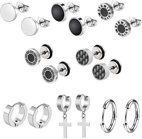 Epoch World Edelstahl Ohrringe Set - 8 Paare Herren Ohrstecker, Creolen, Hängend, Kreuz - Für Männer und Damen - Piercing