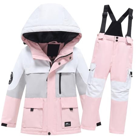 Vetement Ski Enfant, Ensemble de Ski Enfant Fille Garçon Veste de Ski Snow avec Salopette Matelassé Combinaison de Ski Neige Snowboard Imperméable Coupe-Vent