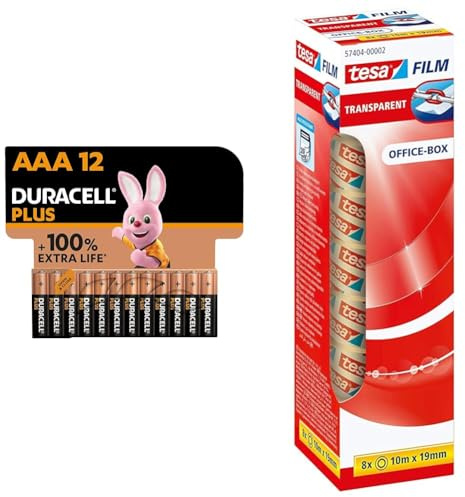 Duracell Plus Batterien AAA & tesafilm transparent - Transparentes Klebeband mit starker Haftung - alterungsbeständig und reißfest - 10 m x 19 mm - 1er Pack