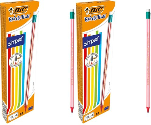 BIC Evolution Stripes, 12 Bleistifte mit Radierer, HB Bleistifte mittelhart, Bruchsichere Mine & ohne Holz (Packung mit 2)