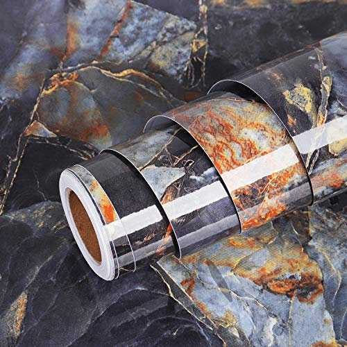 Livelynine Folie Arbeitsplatte Küche Marmor Schwarz Gold mit Blau Vene 500CMx60CM Breit Klebefolie Möbel Küchenplatte Wasserdicht Marmor Folie Küche Tisch Küchenrückwand Folies Schwarz Gold Bad