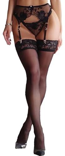 MIZSPISE Women Suspenders Belt Sexy Lace Garter with Stockings Mesh Lingerie Set 4 Buckles See Through Underwear Thigh High Stockings High Waist Thong Outfit Black S-XL