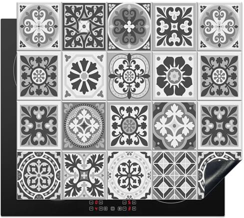 KitchenYeah© Protection Plaque Cuisson Deco Cuisine Cache Induction 60x52 cm Protège Pour Cuisiniere Protection Mosaïque - Noir - Blanc - Motif - Carrelage