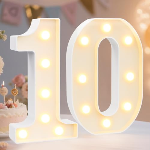 Decorative Led Light Up Number Letters, White Plastic Marquee Number Lights Sign for 10th Birthday Party Wedding Decor Battery Operated Numbers (10)
