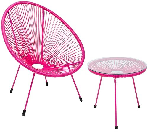 Kare Design Gartenmöbel Set Acapulco Mono, 2er Set, Pink, Indoor und Outdoor Sitzgruppe im Retro-Design, Sessel mit Beistelltisch, Lounge-Möbel für Balkon, Terrasse, Pinkes Stahlgestell, Glas